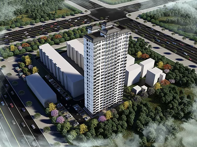 High Rise Residential Building With Green Surroundings Road Access Parking Spaces and Urban Landscape View 3d model