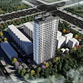 High Rise Residential Building With Green Surroundings Road Access Parking Spaces and Urban Landscape View