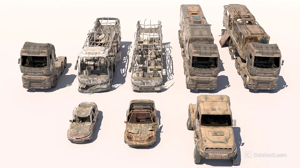 Abandoned Rusty Weathered Old Vehicles Including Trucks Cars And SUVs In Post Apocalyptic Style 3d model 
