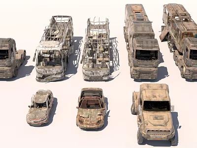 Abandoned Rusty Weathered Old Vehicles Including Trucks Cars And SUVs In Post Apocalyptic Style 3d model