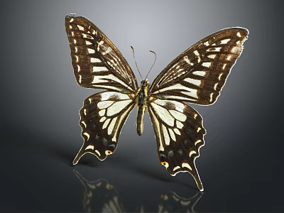 Beautiful Brown And White Patterned Butterfly With Spread Wings On Dark Background 3d model