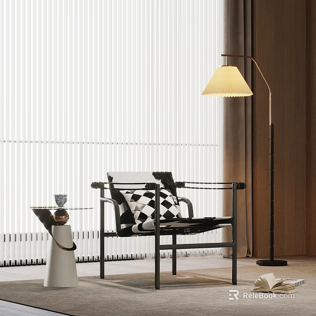 Modern Leisure Chair With Black Frame Black White Diamond Cushion And Floor Lamp By Blinds 3d model 