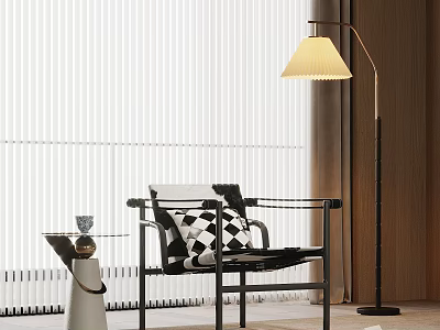 Modern Leisure Chair With Black Frame Black White Diamond Cushion And Floor Lamp By Blinds 3d model