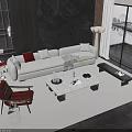 Modern Living Room White Sofa with Red Pillows and Marble Coffee Table Set 3d model