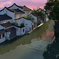 Ancient Architecture With White Walls Black Tiles By Waterfront Sunset Reflections And Trees