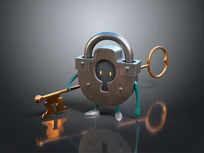 Modern Anthropomorphic Lamp Combination with Lock Key Design and Metallic Reflective Surface 3d model