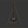 Rustic Wooden Tripod Garden Decor With Hanging Metal Basin And Rope