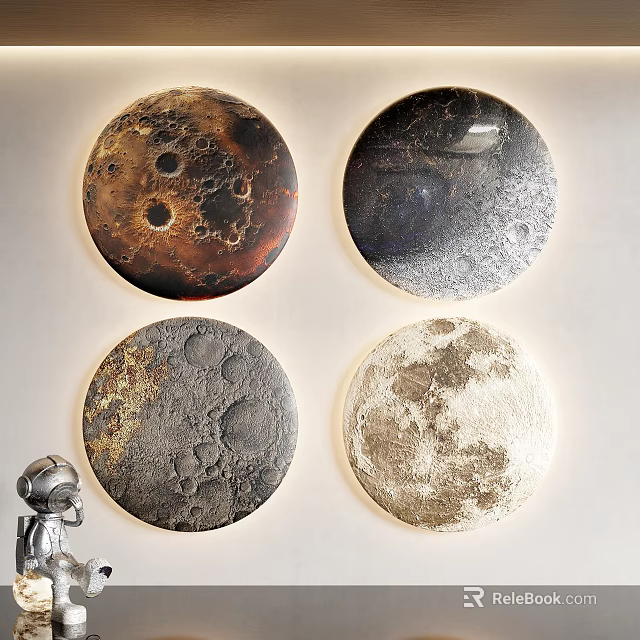 Four Circular Moon Surface Wall Decor Modern Decorative Wall Art Pieces 3d model 