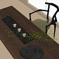 Natural Tea Set with Black Teapot Three Teacups Saucers on Wooden Table and Green Plant