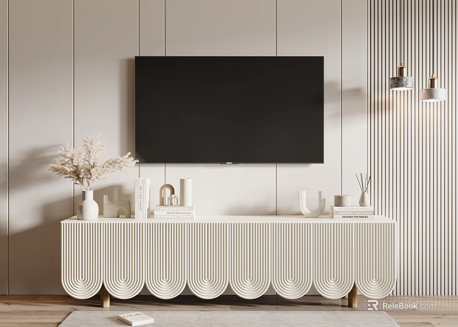 White Scalloped TV Stand with Wall Mounted TV and Decorative Items on Light Striped Wall 3d model 