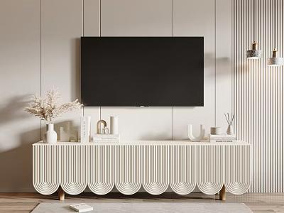 White Scalloped TV Stand with Wall Mounted TV and Decorative Items on Light Striped Wall 3d model