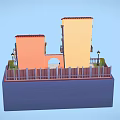 Cartoon Scene With Yellow Orange Buildings Red Roofs Pizza Shop Striped Awning And Street Lamp