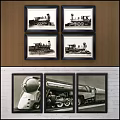 Black and White Framed Landscape Paintings With Ships Trains And Airplane Parts