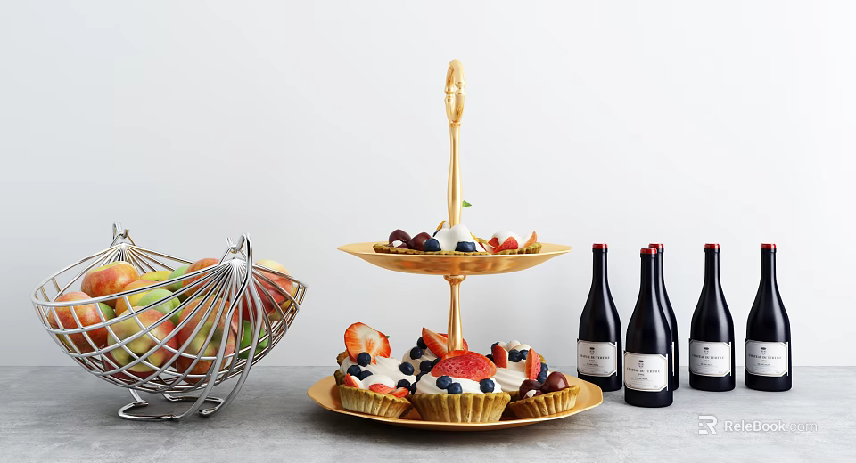 Fresh Fruits in Metal Basket and Desserts on Gold Two Tiered Stand with Wine Bottles 3d model 