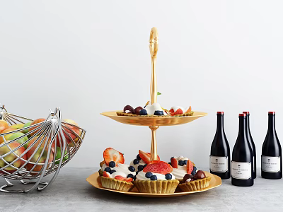 Fresh Fruits in Metal Basket and Desserts on Gold Two Tiered Stand with Wine Bottles 3d model