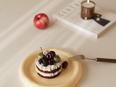 Delicious Layered Cake Topped With Fresh Cherries Blackberries And Apple On Plate 3d model