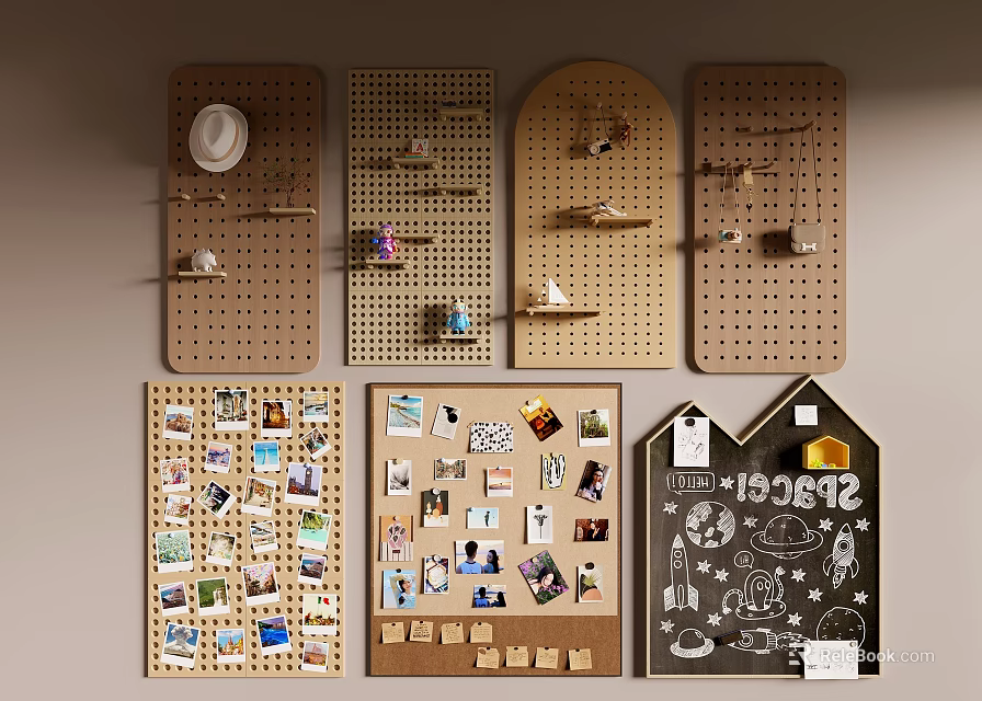 Creative Designed Photo Walls With Photos Stickers And Small Decorative Items 3d model 