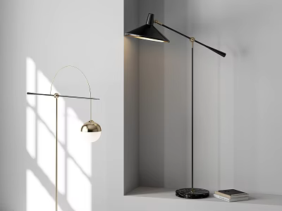 Modern Floor Lamps With Golden Arc Spherical Shade And Black Adjustable Arm Design 3d model