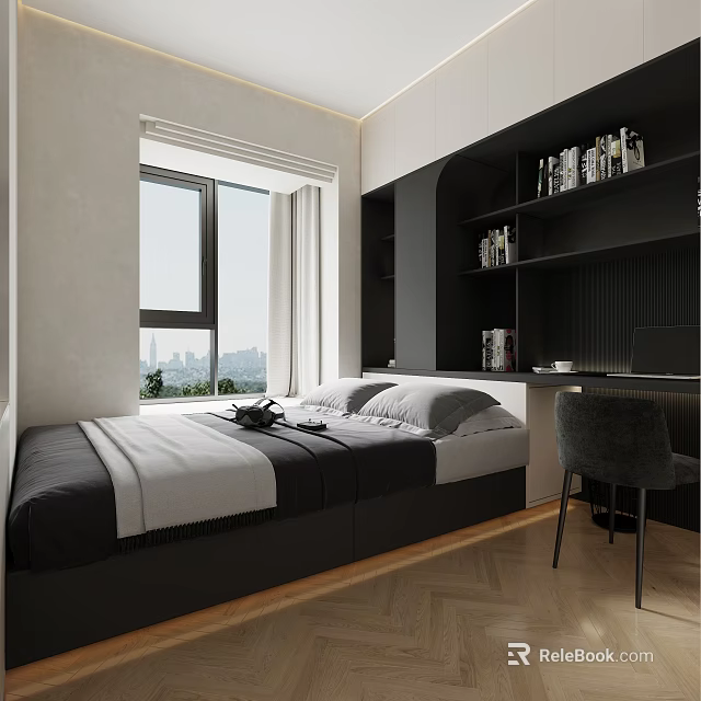 Tatami Bedroom With Bed Black Gray Bedding Window City View Bookshelves Desk Chair Herringbone Floor 3d model 