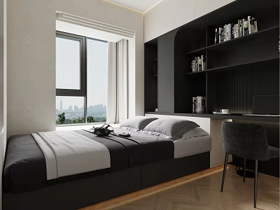 Tatami Bedroom With Bed Black Gray Bedding Window City View Bookshelves Desk Chair Herringbone Floor 3d model