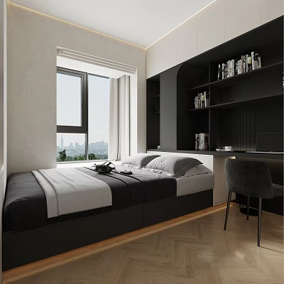 Tatami Bedroom With Bed Black Gray Bedding Window City View Bookshelves Desk Chair Herringbone Floor 3d model