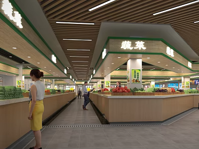 Supermarket Vegetable Section with Customers Shopping Fresh Produce on Shelves and Clear Signage 3d model