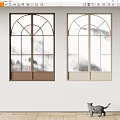 Two Arched Windows with Brown and Beige Frames Viewing Misty Mountain Scenery