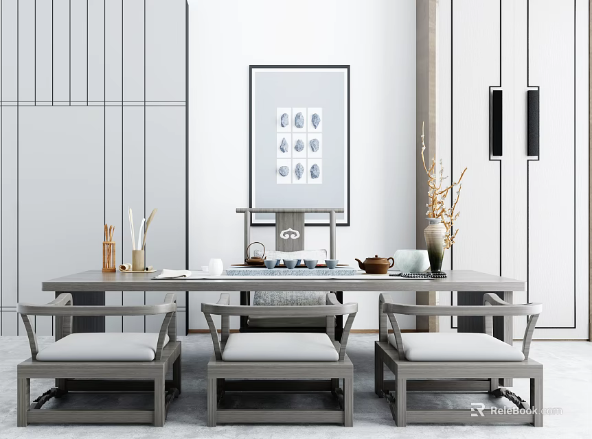 Modern Chinese Tea Table And Chairs With Tea Sets And Decorative Wall Art 3d model