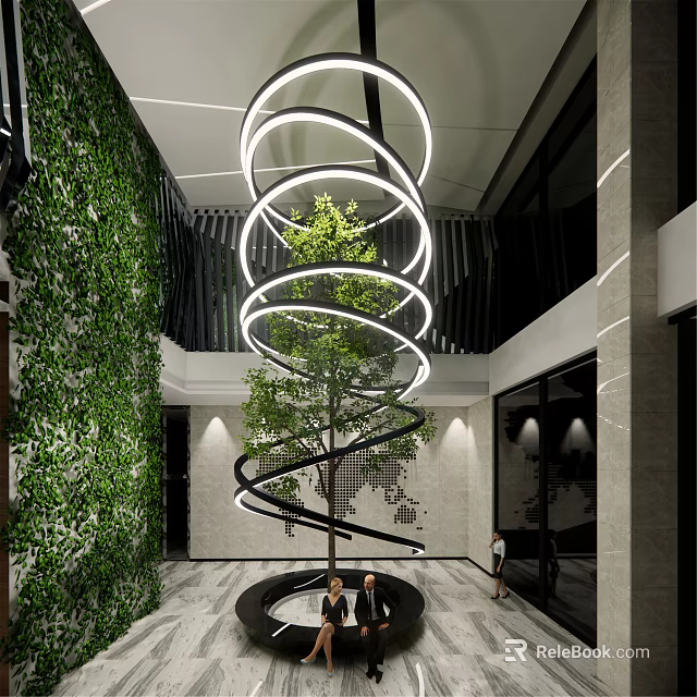 Modern Leisure Area Interior With Spiral Circular Lights Central Tree And Green Plant Wall 3d model 