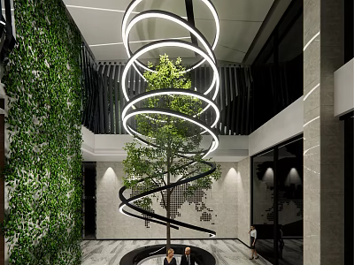 Modern Leisure Area Interior With Spiral Circular Lights Central Tree And Green Plant Wall 3d model