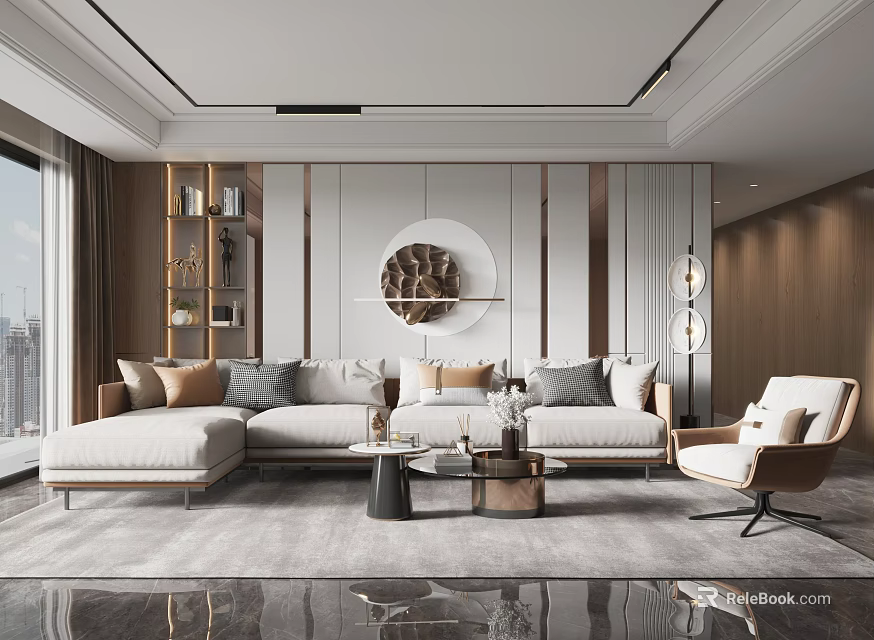 Modern Living Room Interior With L Shaped Sofa Throw Pillows Circular Wall Art Accent Chair 3d model 