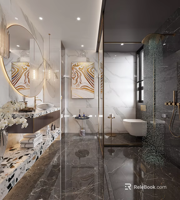 Elegant Modern Bathroom Interior Design With Marble Vanity Round Mirror Glass Shower And Artwork 3d model 