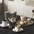 Coffee Drinks with Latte and Cappuccino in Various Cups and Pastries on Wooden Tray