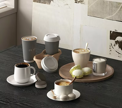 Coffee Drinks with Latte and Cappuccino in Various Cups and Pastries on Wooden Tray 3d model