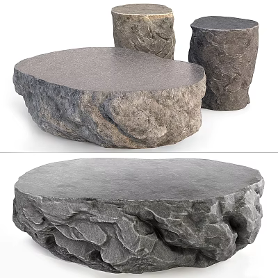 Natural Stone Coffee Table With Rough Textured Base And Round Top Surface 3d model