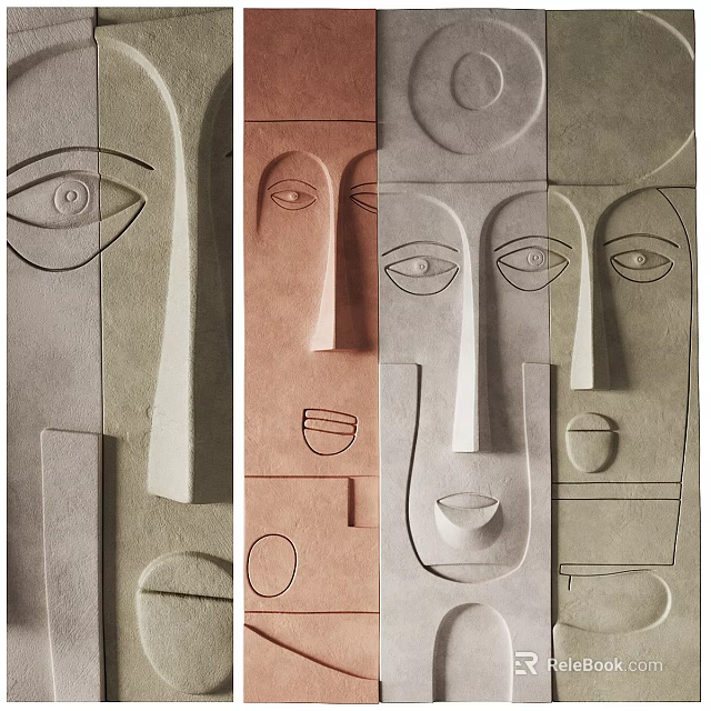 Abstract Modern Wall Decor with Geometric Facial Features and Textured Relief in Neutral Tones 3d model 