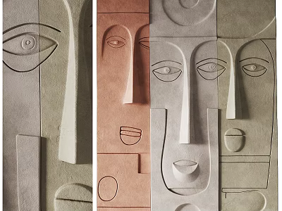 Abstract Modern Wall Decor with Geometric Facial Features and Textured Relief in Neutral Tones 3d model