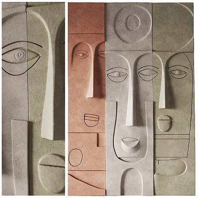 Abstract Modern Wall Decor with Geometric Facial Features and Textured Relief in Neutral Tones 3d model