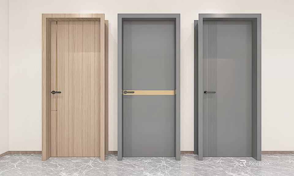 Modern Interior Swing Doors in Light Wood and Gray with Golden Strip Design 3d model 