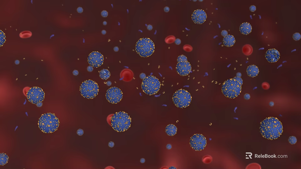 Virus Particles And Red Blood Cells In Microscopic Blood Stream View 3d model 