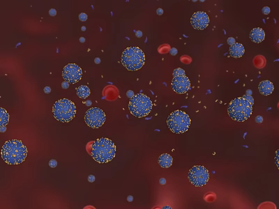 Virus Particles And Red Blood Cells In Microscopic Blood Stream View 3d model