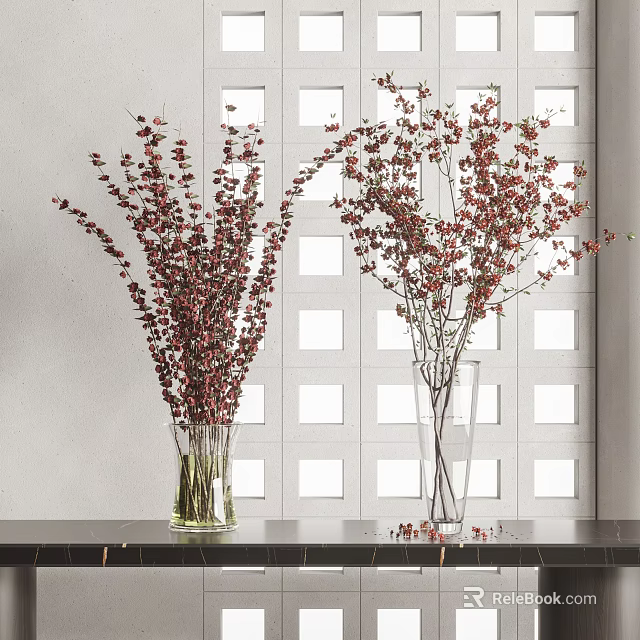 Stylish Vases With Red Flowers On Black Countertop Against White Grid Wall 3d model 