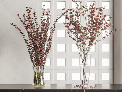 Stylish Vases With Red Flowers On Black Countertop Against White Grid Wall 3d model