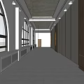 Hotel Corridor Featuring Golden Ceiling Arched Windows White Walls Wooden Doors And Smooth Tiled Floor