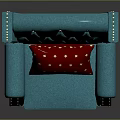 Blue Tufted Armchair With Studded Edges Red Polka Dot Pillow For Living Room