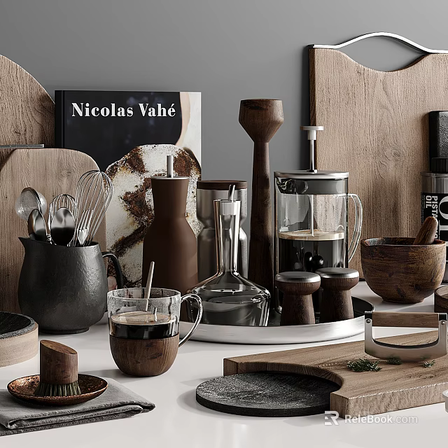 Wooden Kitchen Utensils Collection With French Press Mug Whisk And Chopping Board 3d model 
