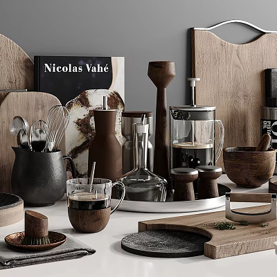 Wooden Kitchen Utensils Collection With French Press Mug Whisk And Chopping Board 3d model