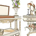 Luxurious Dressing Table With Golden Mirrors Candle Holder Glass Dome Jewelry Box And Decorative Items