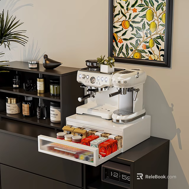 Black Storage Shelf Unit with Organized Jars Bottles and White Coffee Machine in Modern Kitchen 3d model 