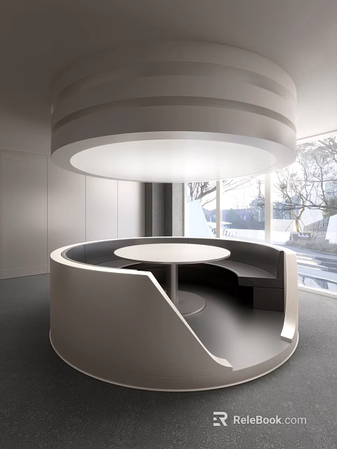 Modern Curved Public Seating With Round Table And Large Window In Bright Interior 3d model 